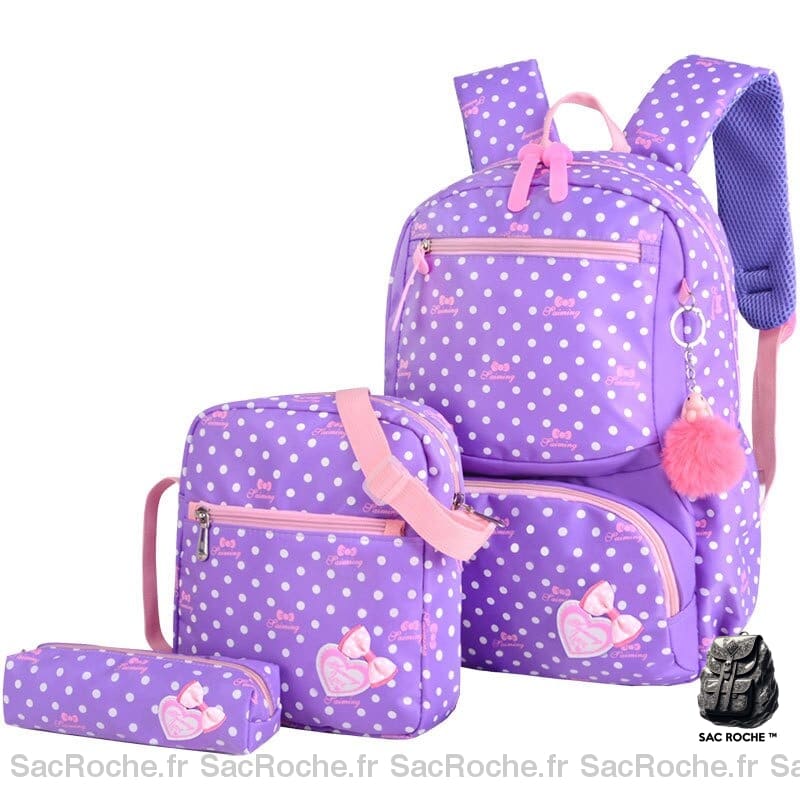 Lot de 02 sacs et une trousse motif pois avec pendentif pompon violet avec un fond blanc