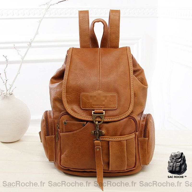 Sac À Dos Cuir Marron Multi-Poches Femme