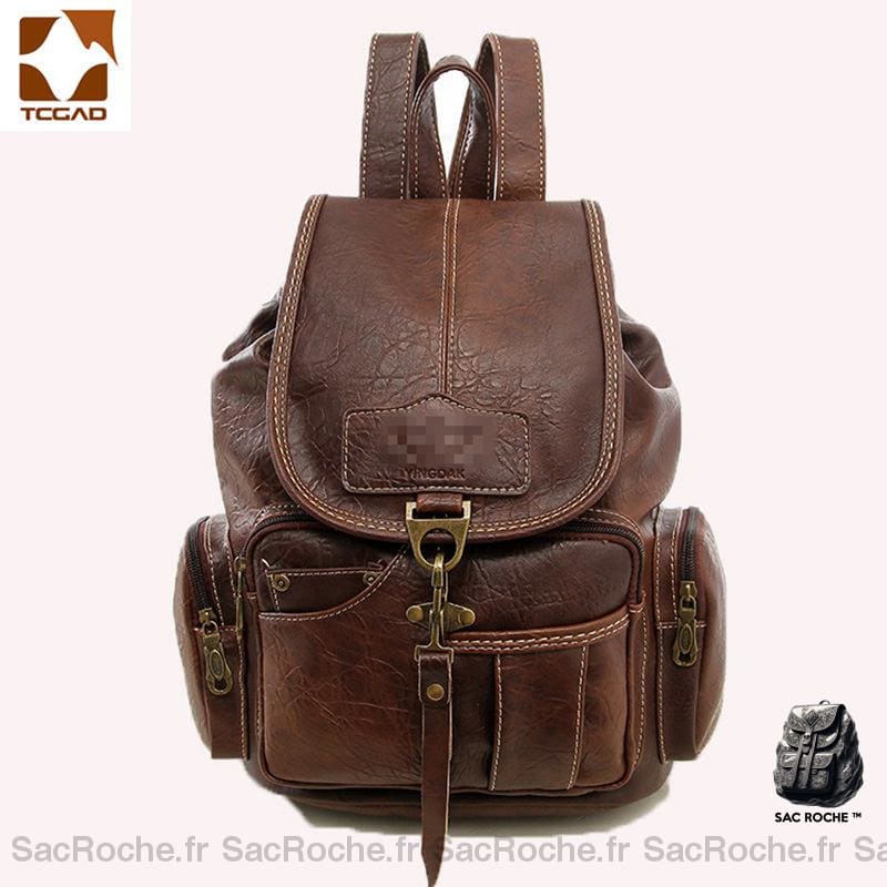 Sac À Dos Cuir Multi-Poches Marron Femme