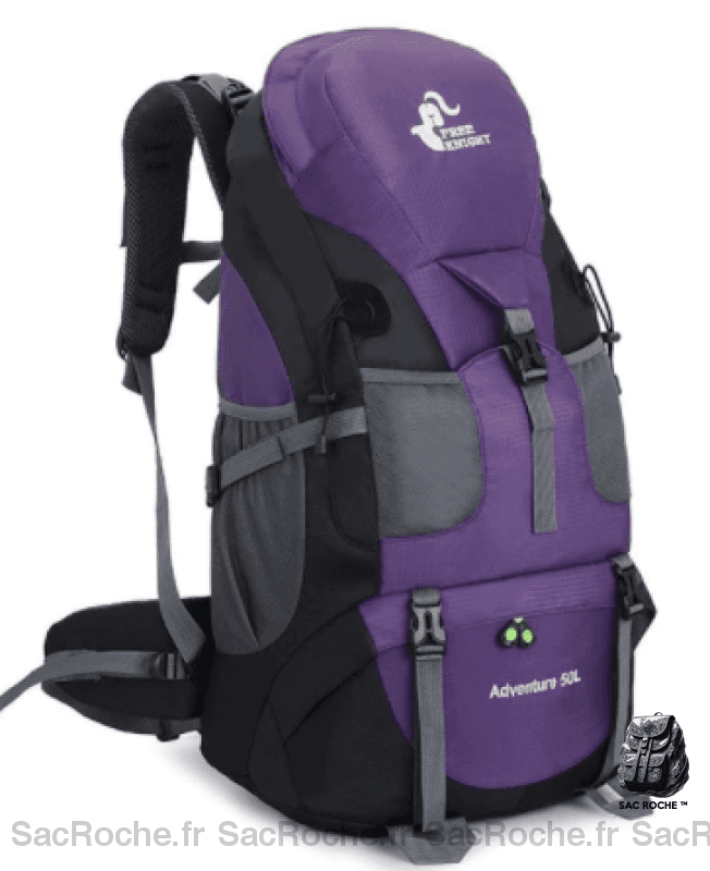 Sac à dos étanche 50L pour le ski violet et gris avec un fond blanc
