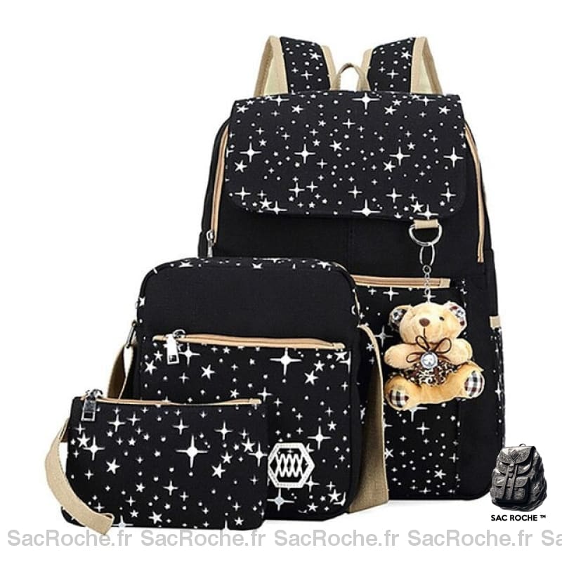 Sac à dos motif étoile avec porte-clés ours noir avec un fond blanc et trois sacs
