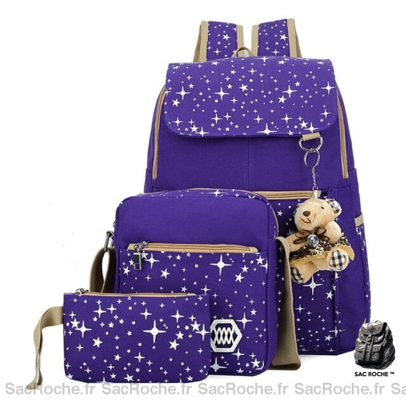 Sac à dos motif étoile avec porte-clés ours violet