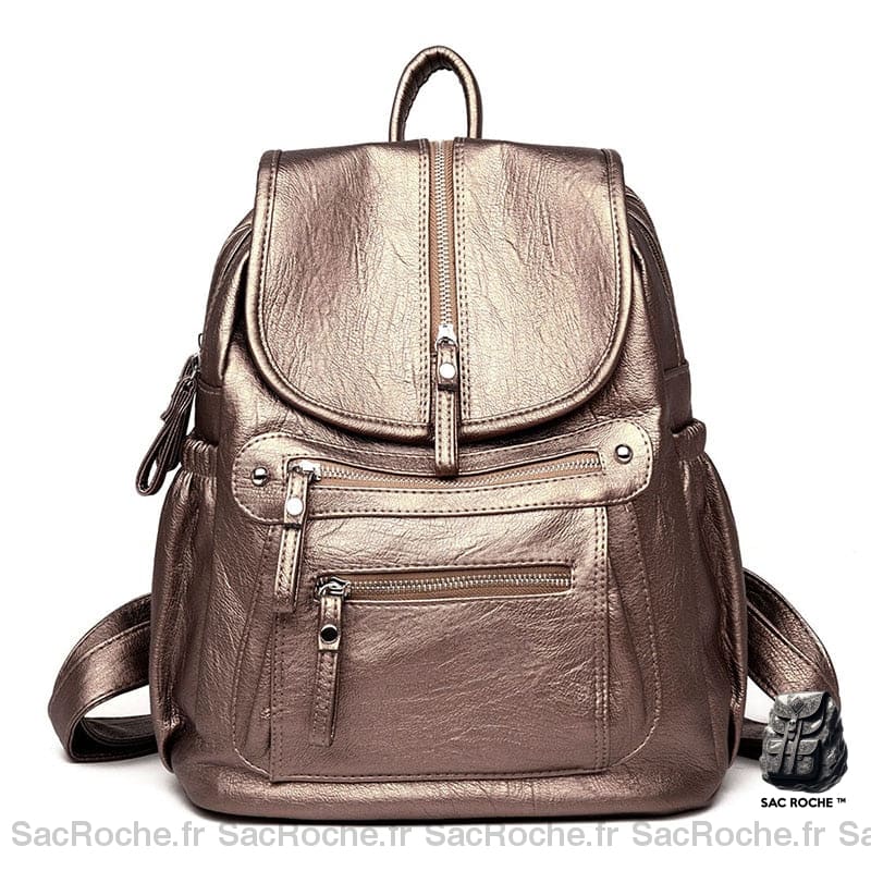 Sac À Dos Femme Cuir Argenté Double Fermeture