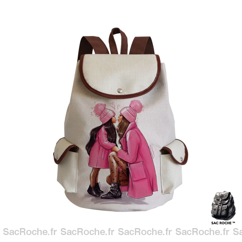 Sac à dos en lin à motif dessin mère et fille avec poches latérales