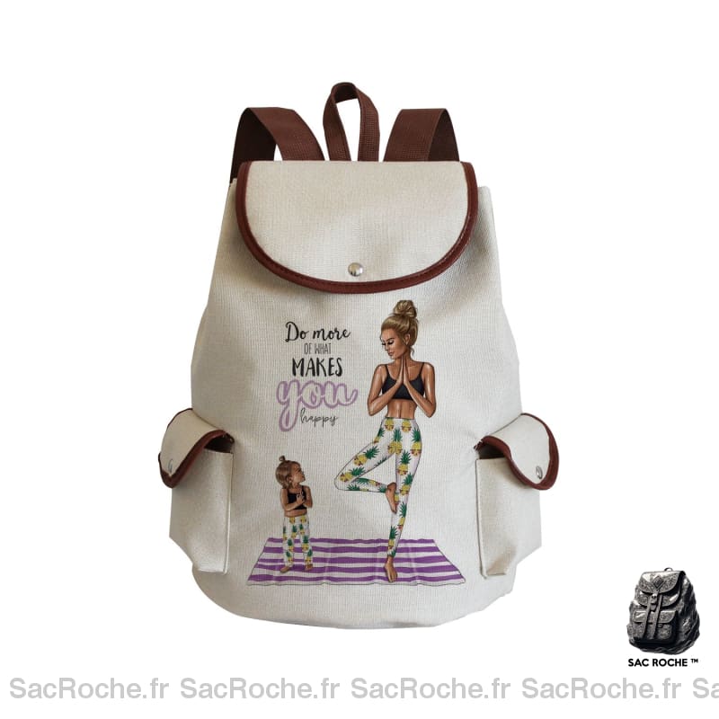 Sac à dos en lin motif mère et fille beige avec poches latérales