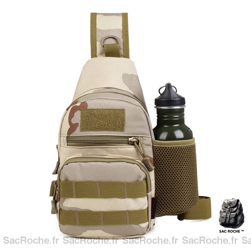 Sac à dos militaire à une épaule avec emplacement pour gourde beige et vert avec un fond blanc