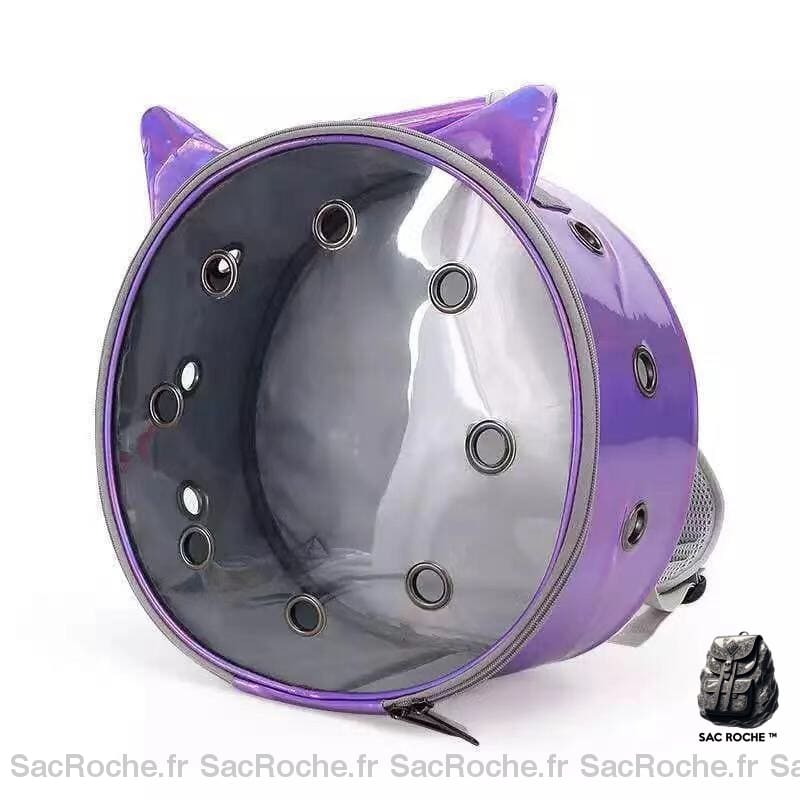 Sac à dos circulaire transparent pour animal violet et transparent avec un fond blanc