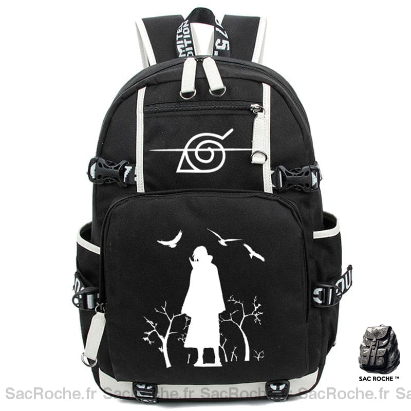 Sac à dos noir et blanc motif Itachi avec poches latérales