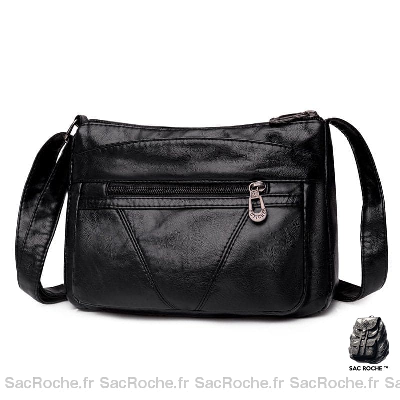 Besace Cuir Femm Multi Poches Noir Sac À Main Femme