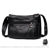 Besace Cuir Femm Multi Poches - modèle Noir - Sac Roche ™