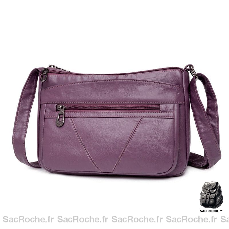 Besace Cuir Femm Multi Poches Violet Sac À Main Femme
