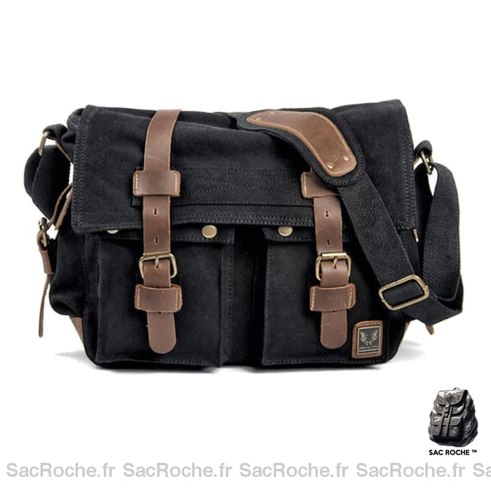 Cartable homme en toile et cuir - Noir - Sac photo sac de messager