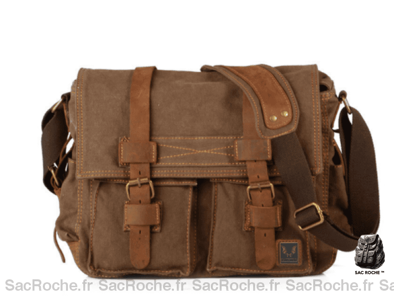 Cartable homme en toile et simili cuir marron avec un fond blanc