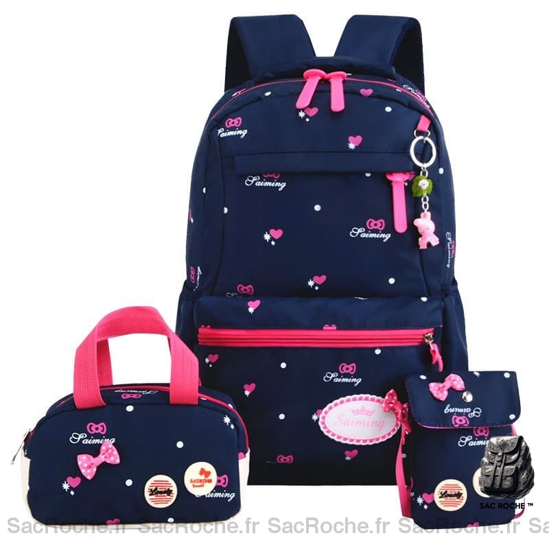 Lot de 03 sacs à motif nœud et cœur bleu et rose avec un fond blanc