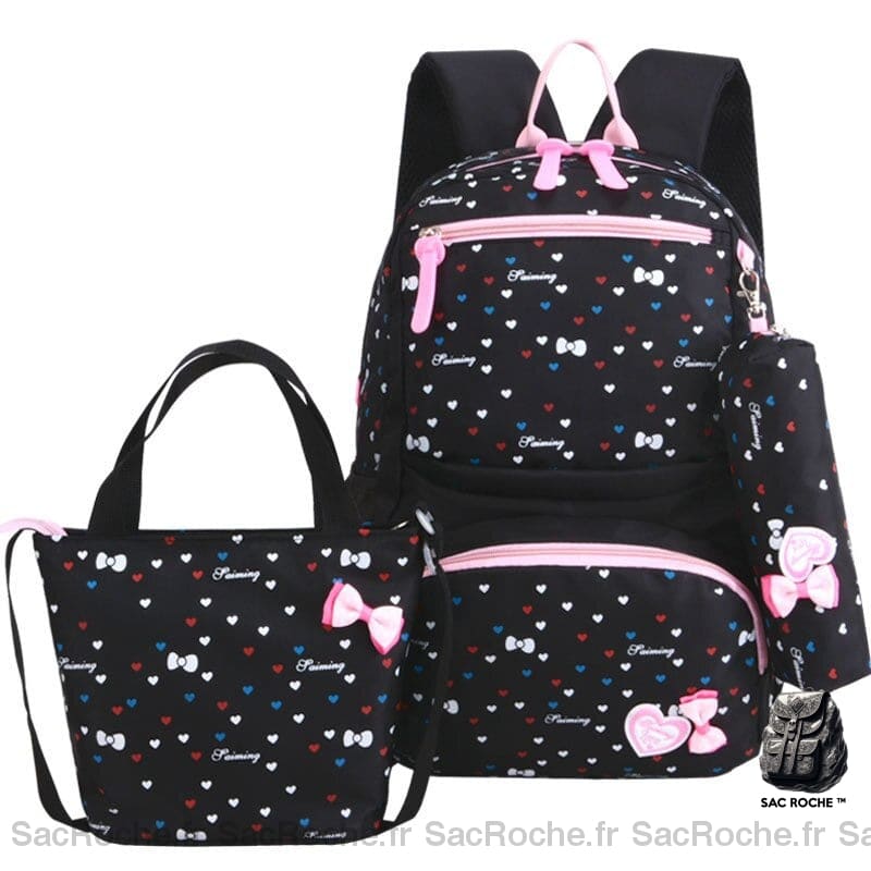 Lot de 02 sacs colorés à motif nœud et cœur noir et rose avec un fond blanc