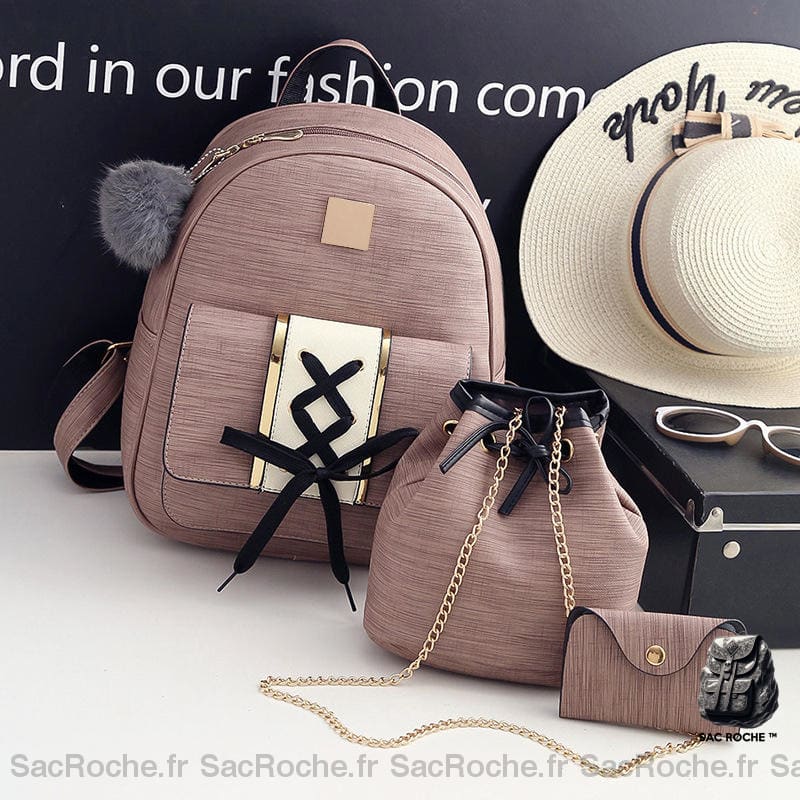 Mini Sac À Dos 3 Pièces Femme Marron Clair Petit Main