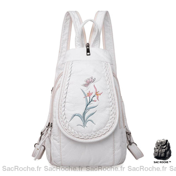 Mini Sac À Dos Blanc Avec Broderies - Format Convertible Sac A Dos Femme