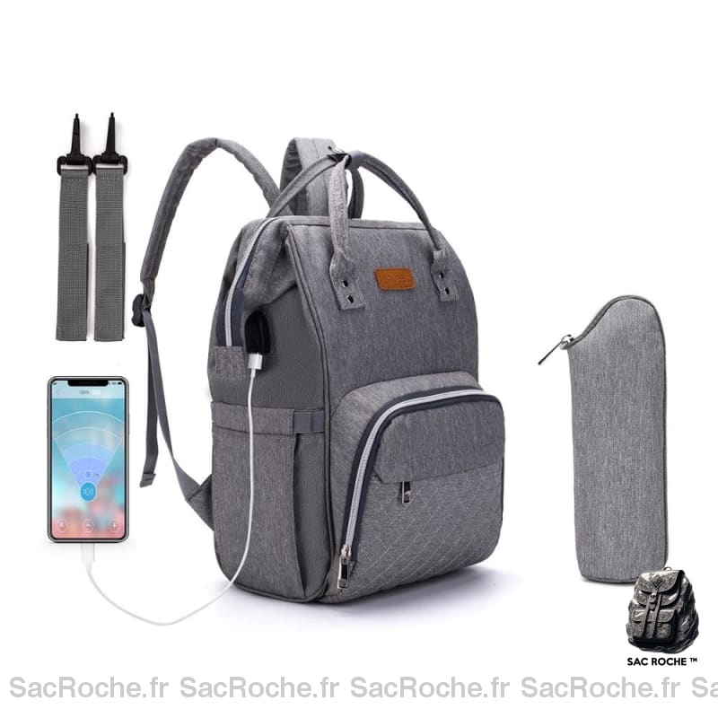 Sac à couche avec port USB et sac isotherme - Gris - Couche Sac à langer
