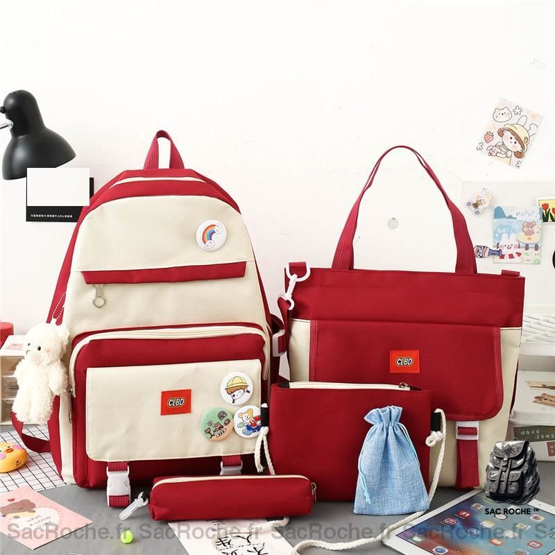 Sac à dos 5 pièces bicolore avec peluche ours, bonne qualité et à la mode