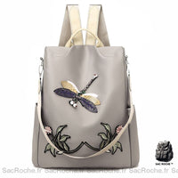 Sac à dos brodé femme motif fleur - modèle Gris - Sac Roche ™