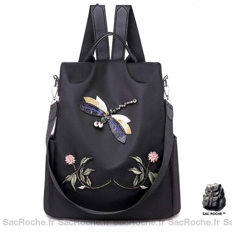 Sac à dos brodé motif fleur et papillon pour femme noir à la mode