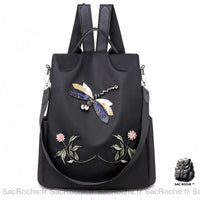 Sac à dos brodé femme motif fleur - modèle Noir - Sac Roche ™
