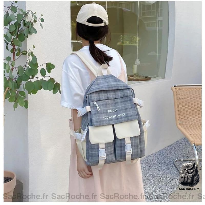 Sac À Dos Carreaux Inscription 5Pcs Femme