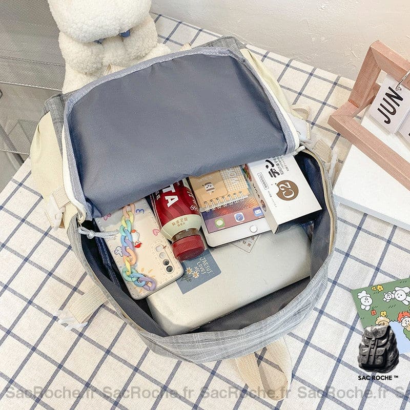 Sac À Dos Carreaux Inscription 5Pcs Femme