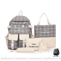 Sac à dos carreaux inscription 5pcs - modèle Gris - Sac Roche ™