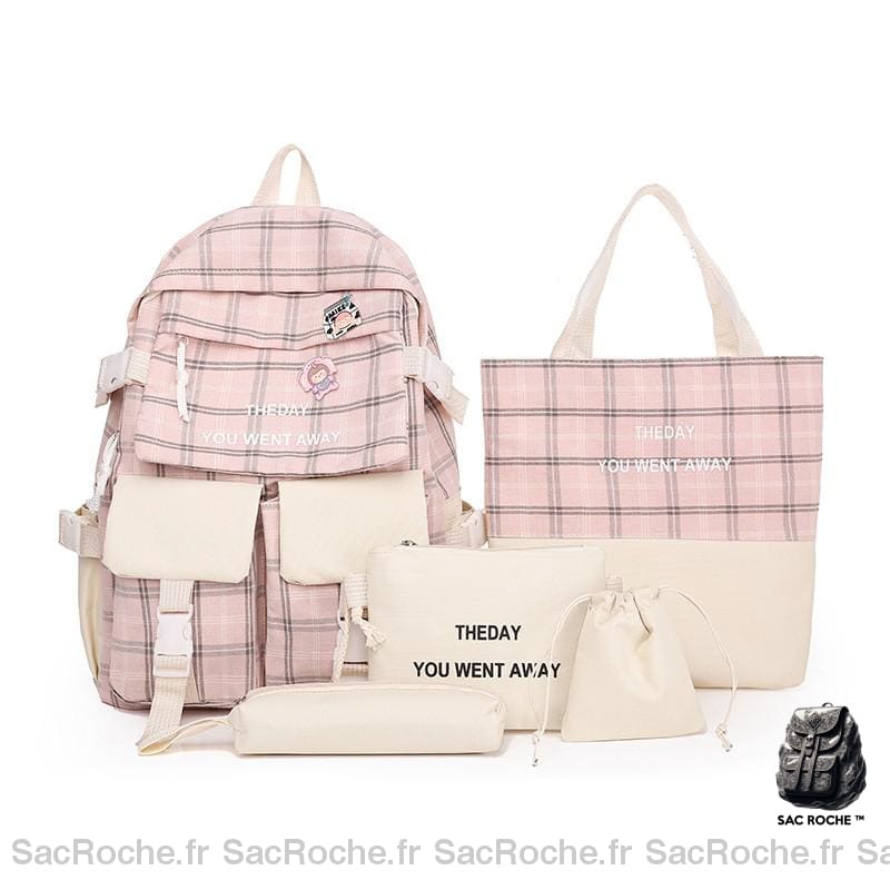 Sac à dos carreaux 5 pièces avec inscription rose et blanc avec un fond blanc