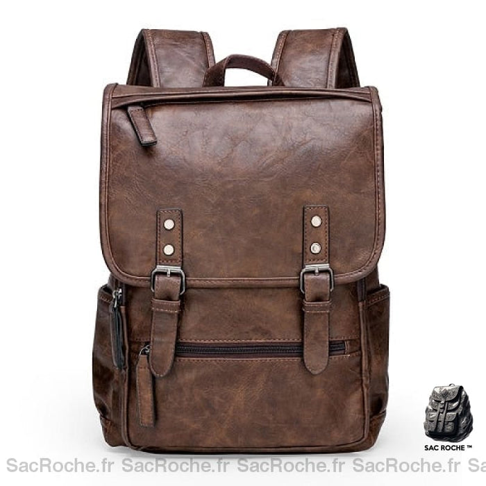 Sac à dos cartable en imitation cuir marron avec un fond blanc
