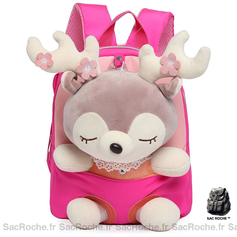 Sac à dos rose pour petite fille avec peluche de petit cerf intégrée