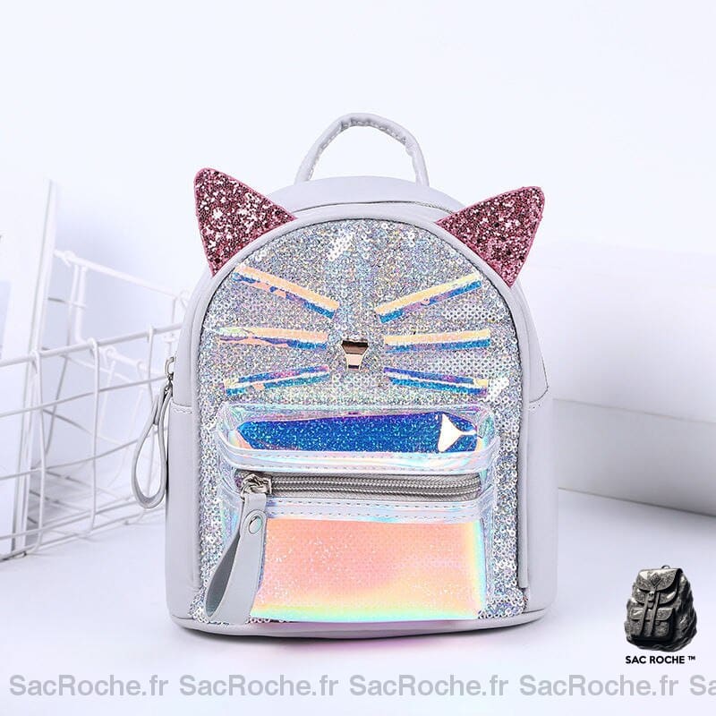 Sac à dos chat à paillettes pour l'école gris en forme de chat avec un fond blanc et un panier blanc