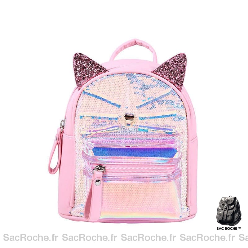 Sac à dos chat à paillettes pour l'école rose avec un fond blanc