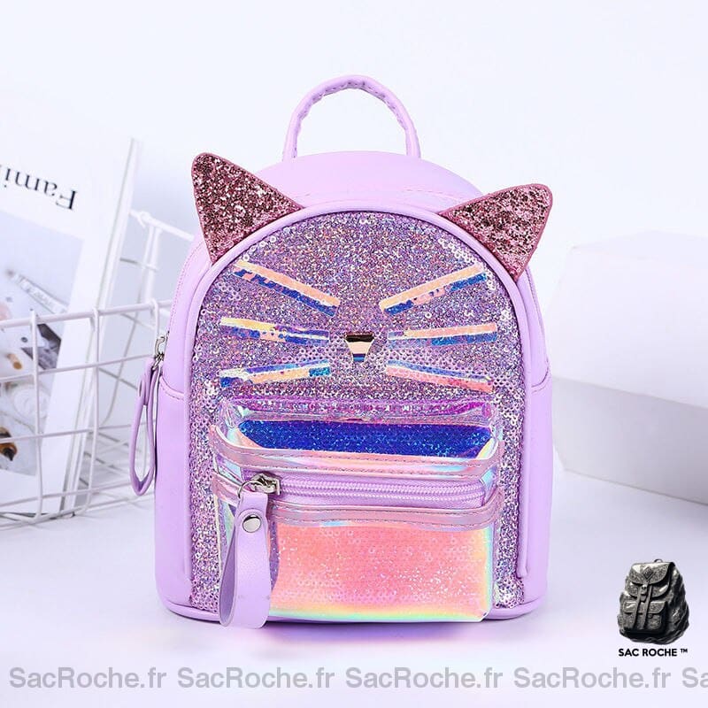 Sac à dos chat à paillettes pour l'école violet avec un fond blanc et un panier blanc