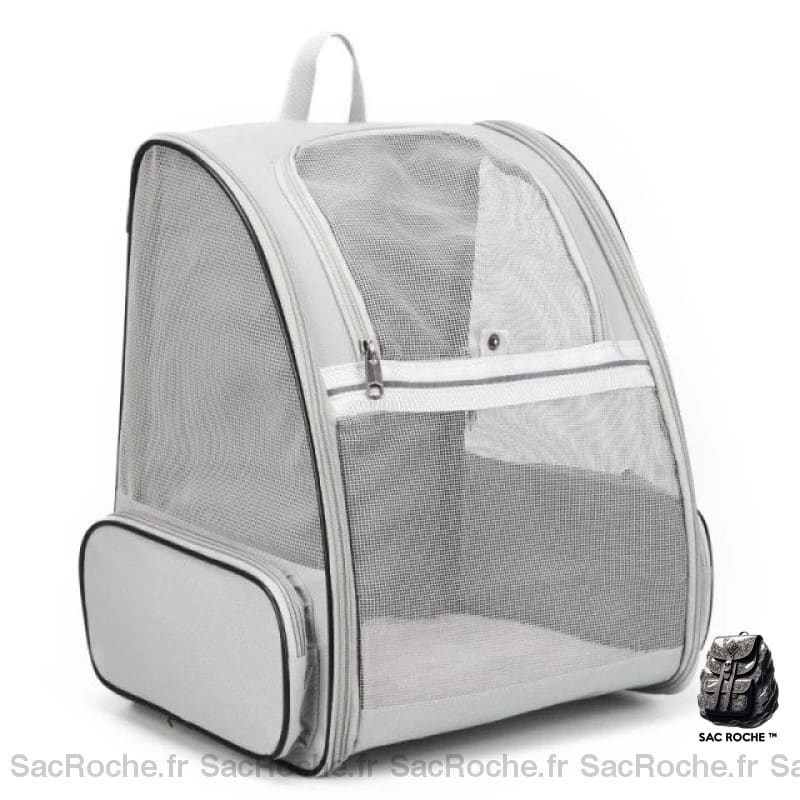 Sac à dos pour chat respirant gris avec un fond blanc