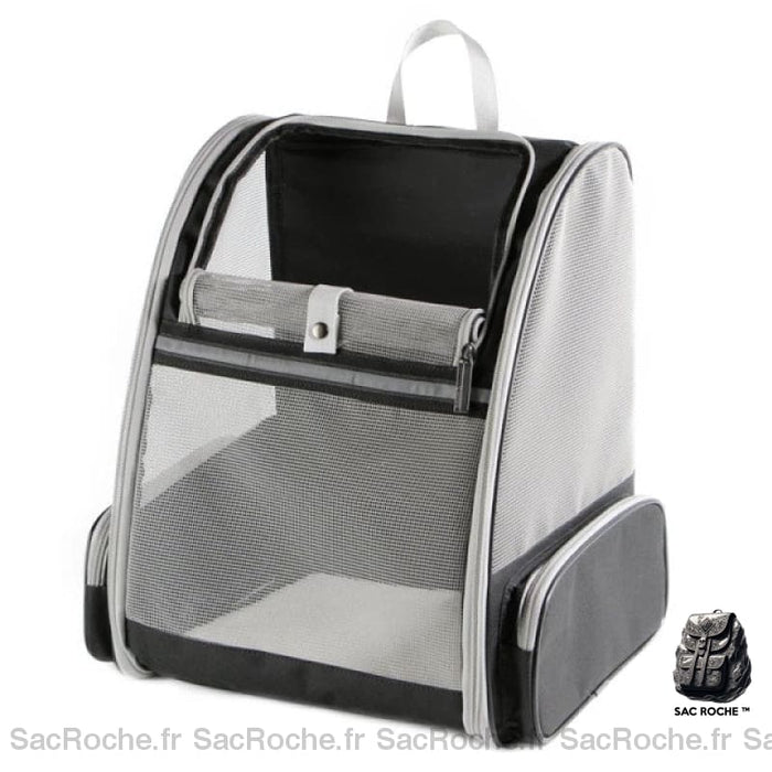 Sac à dos pour chat respirant gris et noir avec un fond blanc