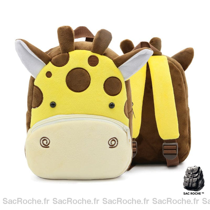 Sac à dos d'écolier en velours en forme de tête de girafe jaune et marron avec de petites cornes, présenté de face et en arrière-plan , le sac est également présenté de dos, où l'on voit les lanières jaunes