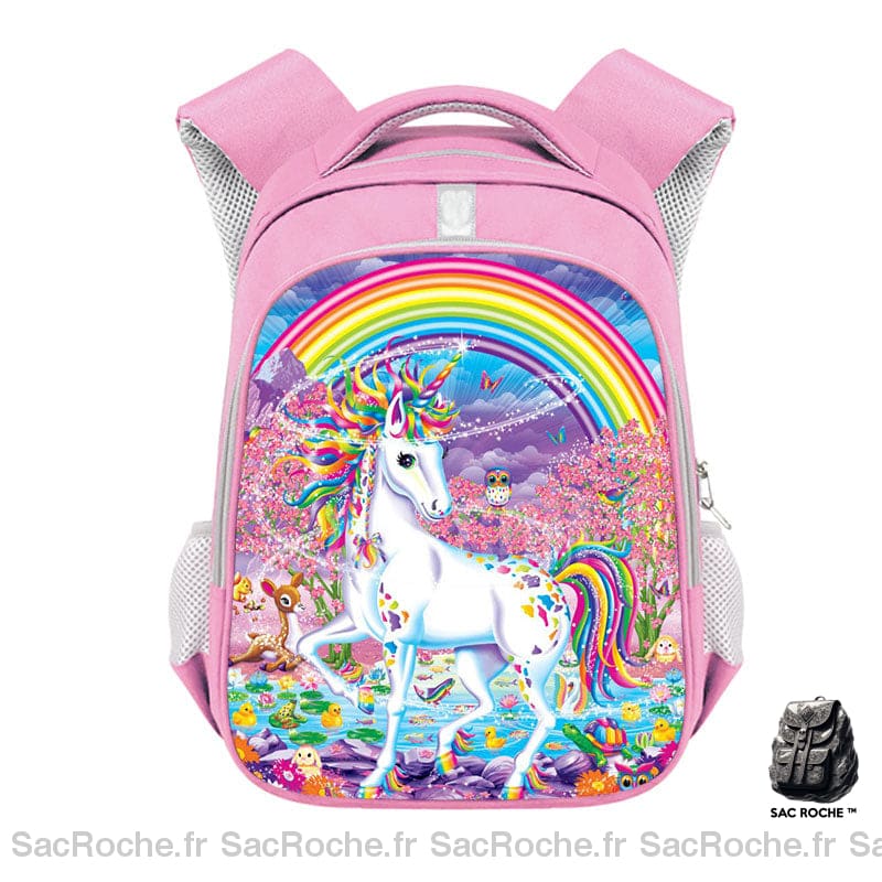 Sac à dos de CP pour enfant, rose, avec une photo de licorne multicolore et un grand arc-en-ciel sur la poche avant, présenté sur fond blanc