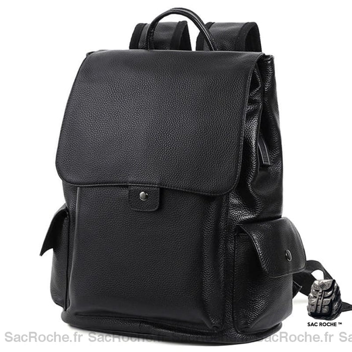 Sac À Dos Cuir Noir Rabat Clipsable Noir En