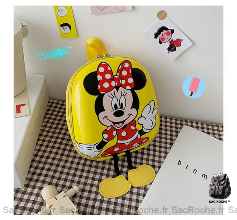 Sac à dos Disney pour enfant - Mickey ou Minnie jaune et avec un fond une table avec des détails