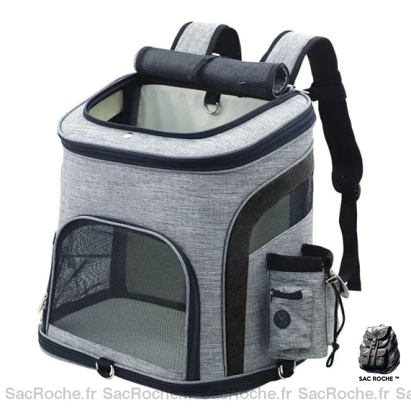 Sac à dos pour chat double ouverture gris et noir avec un fond blanc