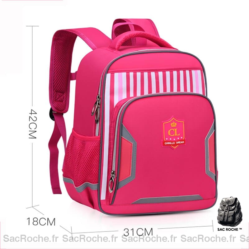 Sac à dos école réfléchissant pour enfant rose avec un fond blanc et les dimensions du sac