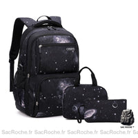 Sac à Dos École Primaire - 2 Compartiments - Lot de 3 pièces - modèle Modèle 1 (noir étoile) - Sac Roche ™