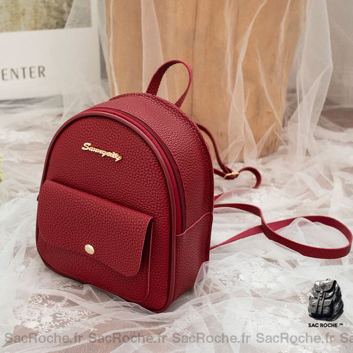 Mini sac à dos en cuir polyester de couleur unie grenat à la mode