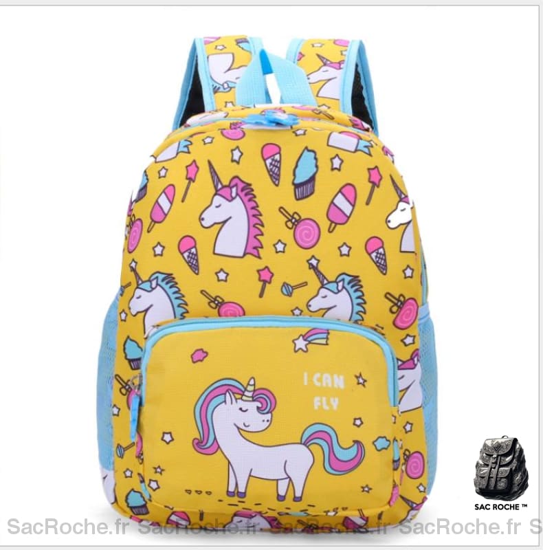 Sac à dos enfant imprimé licornes coloré jaune et bleu avec un fond blanc