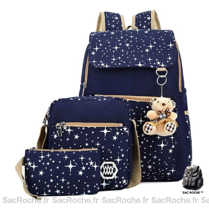 Sac à dos motif étoile avec porte-clés ours bleu et marron avec un fond blanc
