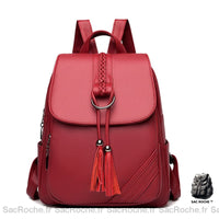 Sac à Dos Femme Elégant Rouge avec Pompons sur Rabat - Sac Roche ™