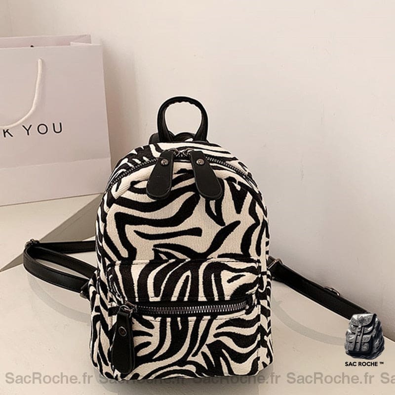 Sac à dos femme motif zèbre en velours côtelé noir et blanc