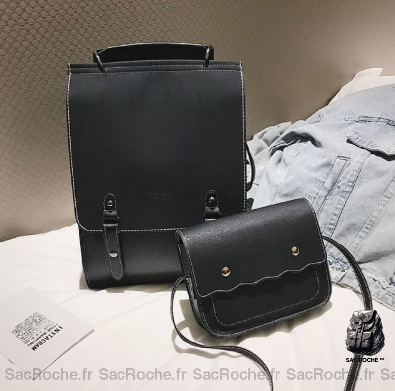 Ensemble 2 pièces sac à dos femme en simili cuir PU noir avec un fond, un lit blanc et une veste en jean sur le côté